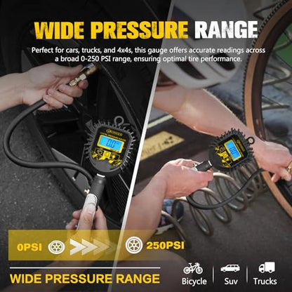 BUNKER INDUST Digital Tire Inflator with Pressure Gauge, Heavy Duty Air Chuck and Compressor Accessories with Built-in Top Light and Quick Connect Coupler, 0-250 PSI