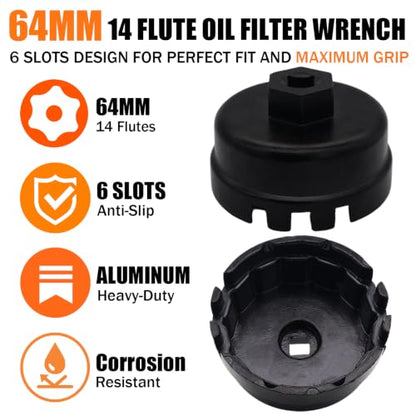 64mm Oil Filter Wrench, 14 Flute 6 Slot Cap Removal Tool