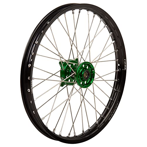 Tusk Impact Complete Wheel - Front 21 x 1.60 Black Rim/Silver Spoke/Green Hub Compatible with Kawasaki KX250 20004-2007,2019-2026/KX250F 2004-2018/KX450 2019-2025/KX450F 2009-2015