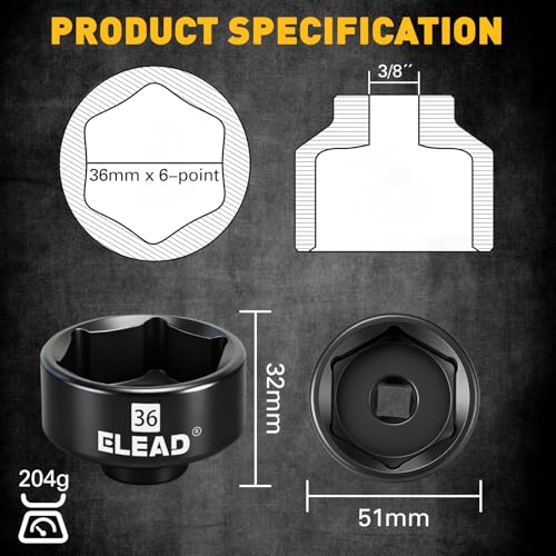 ELEAD 36 mm Oil Filter Socket Wrench, 3/8'' Drive 6-Point Oil-Filter Removal Tool, Metric Oil Filter Wrenches, Low Profile Design for Easy Removal, Chrome Vanadium Steel Oil-Change Tool - style: 36mm