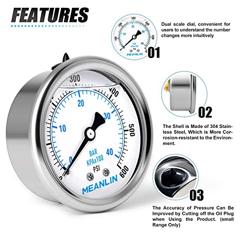 MEANLIN MEASURE 0~600Psi Stainless Steel 1/4" NPT 2.5" FACE DIAL Liquid Filled Pressure Gauge WOG Water Oil Air Center Back Mount, with 1/2" NPT and 3/8" NPT Hex Bushing - size: 0-600Psi