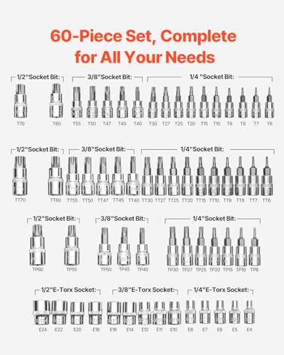 VEVOR Torx Bit Socket and External Torx Socket Set, 60-Piece T6-T70, TT6-TT70, TP8-TP60, E4-E24, S2 Alloy Steel and Cr-V Steel, 1/4 in, 3/8 in, and 1/2 in Drives, with Enhanced Storage Case, Hand Use - size: 60 PCS
