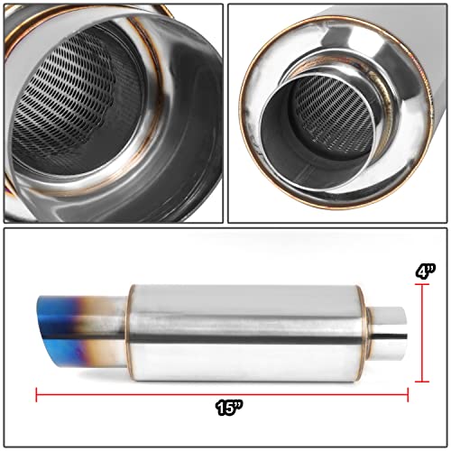 DNA MOTORING EXA-MF-002-T1 4" OD Stainless Steel Straight Through Exhaust Muffler Universal, 3" Outlet, 2.25" Inlet - color: Blue Burnt Diagonal Cut, size: 3" OD - 2.25" OD