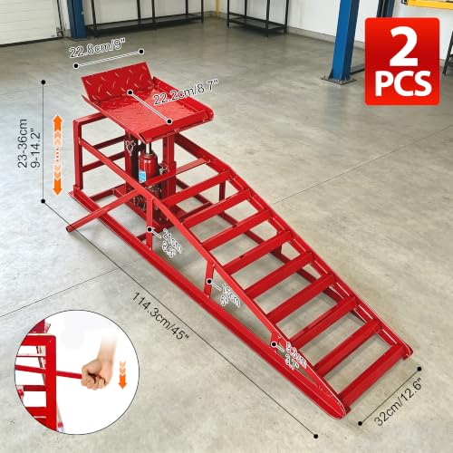 Heavy Duty Hydraulic Car Ramp 2 PCS, 11050LBS 5T Car Ramps with Hydraulic Jack, Steel Car Ramps for Oil Changes High Lift 9"-14.6" Red - color: Red-45.5l*13w*14.6h