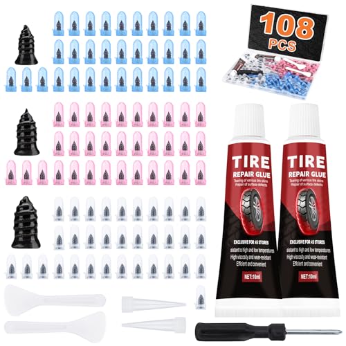 108 Pcs Tire Screw Plug Repair Kit, Tire Repair Screws with Tire Glue