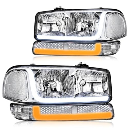 LED DRL Headlights Fit 1999-2007 GMC Sierra 1500/2001-2007 GMC Sierra 1500HD 2500HD 3500 (Only Fits 07 Classic Models,Not Fit All Denali Trims), Fit 99-06 Yukon Chrome Housing Clear Reflector - color: Chrome Housing Clear Reflector