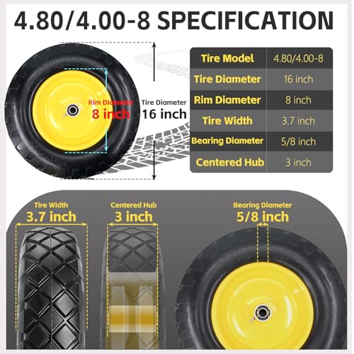 4.80/4.00-8 Solid Wheelbarrow Tire and Wheel 16" Flat-Free Tire with 3" Centered Hub 5/8" & 3/4" Bearings Fits Garden Cart, Hand Truck, Wagon,Trolleys and Trailers - size: 4.80/4.00-8