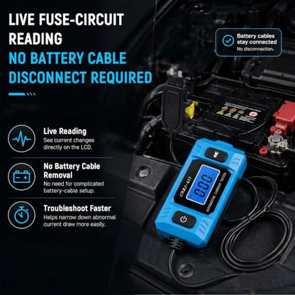 Automotive Circuit Fault Probe Tester, 20A 48V Car Circuit Tester, 0.01A Resolution Inline Current Monitor with Backlit LCD & LED Work Light, Mini & Standard Blade Fuse Compatible