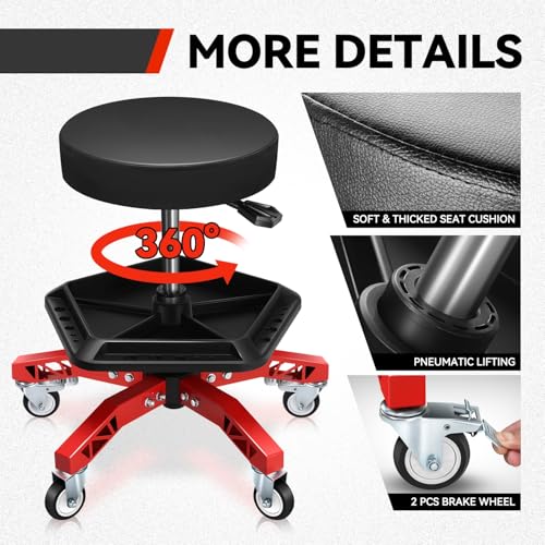 Auto Dynasty Rolling Mechanic Stool, Height Adjustable w/Tool Tray, Red - color: Red (w/Tool Storage Tray)