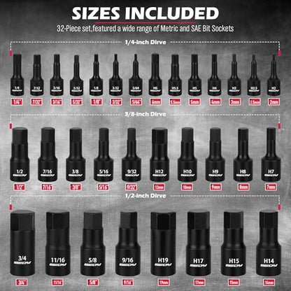 Hex Bit Impact Socket Set: 36-Piece with 4 Adapters, 1/4" 3/8" 1/2" Drive Master Allen Impact Socket Set, SAE and Metric, H5-H19 & 3/4"-5/64", Heavy Duty Storage Case, Automotive Mechanic - style: 36-Piece Hex Impact (SAE/Metric)