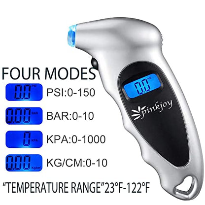 PINKJOY Digital Tire Pressure Gauge 2 Pack 150 PSI, 4 Settings, Tire Gauge for Car, Truck, Motorcycle, Bicycle with Backlit LCD and Non-Slip Grip (Silver) - color: Silver 2 Pack