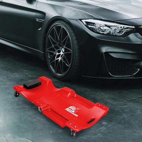 BIG RED TRP6240 Torin Blow Molded Plastic Rolling Garage/Shop Creeper: 40" Mechanic Cart with Padded Headrest, Dual Tool Trays and 6 Casters, Red - style: Red Rolling Creeper