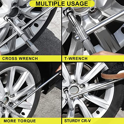 Spurtar Extended 4 Way Lug Wrench, Tire Iron Lug Nut Wrench, Tire Nut Remover Tools 1/2 Drive with 17/19mm and 21/23mm Sockets - size: Extendable