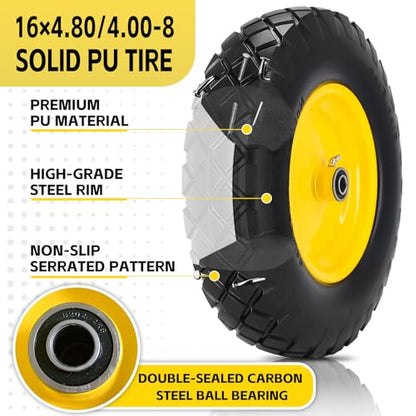 4.80/4.00-8 Solid Wheelbarrow Tire and Wheel 16" Flat-Free Tire with 3" Centered Hub 5/8" & 3/4" Bearings Fits Garden Cart, Hand Truck, Wagon,Trolleys and Trailers - size: 4.80/4.00-8