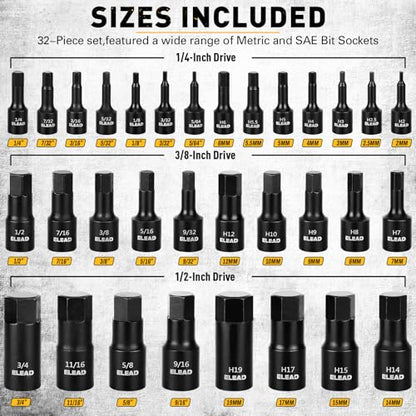 36-Piece Impact Hex Bit Socket Set Includes Socket Adapter, 1/4", 3/8", 1/2", SAE and Metric, H2-H19 & 3/4"-5/64", Cr-V Steel, Reinforced Storage Case, Automotive Mechanic Professional Tool Set - color: 36-piece Black