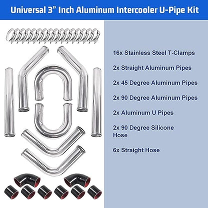 Universal 3" Inch Aluminum Intercooler U-Pipe Kit W/Silicone Hose and Stainless Steel T-Clamps