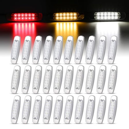 30 Pcs 12V DC 6.4 Inch Clear Lens 10 Amber + 10 Red + 10 White 12 LED Clearance Lamps w/Chrome Sealed Flush Mount Side Maker Light Heavy Duty Truck Caravan RV Trailer Lorry - color: Clear/Amber+Red+White Pack of 30