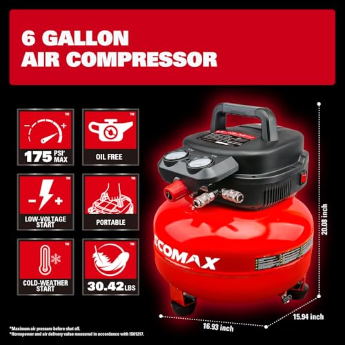ECOMAX 6 Gal Pancake Air Compressor 175PSI, 3 CFM @ 90 PSI w/25 FT Air Hose - style: Air Hose