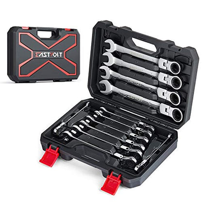 Eastvolt 12-Piece Flex-Head Ratcheting Wrench Set, Metric 8mm-19mm, Combination Ended Spanner kits, Chrome Vanadium Steel with Toolbox, EVHT1201 - size: Wrench set