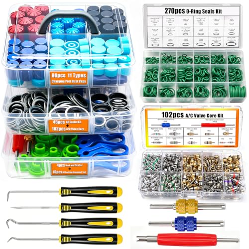 Taiss 6 Set Car A/C Repair Kits,102PCS A/C Valve Core Kit+270pcs O Ring Seals+80pcs Valve Core Caps+45pcs A/C Compressor Seal Washers+16PCS AC Fuel Line Disconnect Tool Set+4PCS Oil seal hook(517PCS) - color: 517PCS