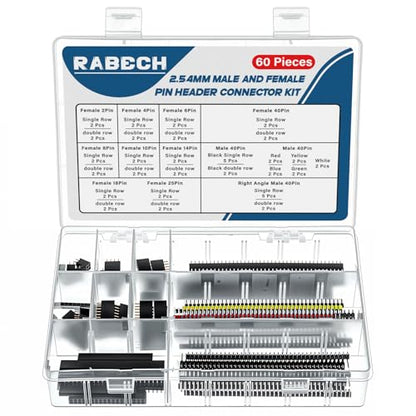 Header Pins Assortment Kit Female and Male Pin Headers Connector 2.54MM Right Angle Straight Breakaway Header Pin Connectors for PCB Board