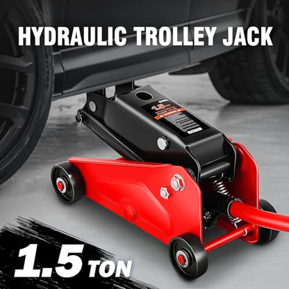 DNA Motoring Low Profile Hydraulic Trolley Service/Floor Jack, 1.5 Ton (3000 lbs) Capacity, Lifting Range 5.5"-15.35",Red, TOOLS-00675-RD - color: Red, style: 1.5 ton