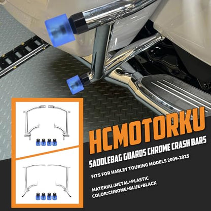 Saddle Bag Guards Crash Bars Chrome Fit for Harley Touring Street Glide FLHX Road Glide FLTRX Road King FLHR Electra Glide Ultra 09-2025 (Saddlebag Guards with Blue Decorative Wheel) - style: Saddlebag Guards with Blue Decorative Wheel