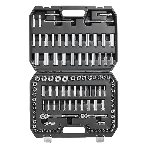 VEVOR Socket Set, 1/4" and 3/8" Drive Socket and Ratchet Set, 6-Point Socket Opening, 106 Pcs Tool Set SAE and Metric, Deep and Standard Sockets, 5/32-1 in, 5-19 mm, with Accessories, Storage Case - size: 106-PCS