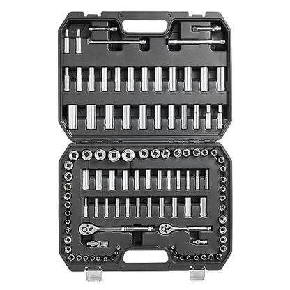 VEVOR Socket Set, 1/4" and 3/8" Drive Socket and Ratchet Set, 6-Point Socket Opening, 106 Pcs Tool Set SAE and Metric, Deep and Standard Sockets, 5/32-1 in, 5-19 mm, with Accessories, Storage Case - size: 106-PCS