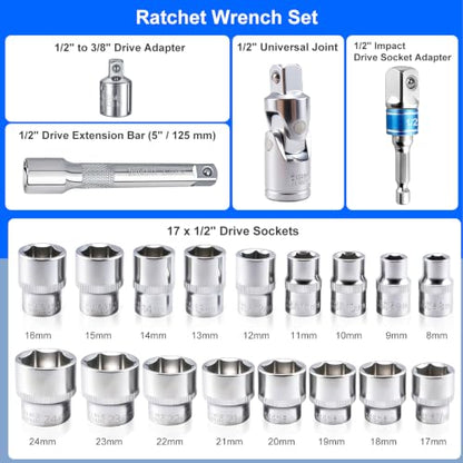 1/2-Inch Drive Torque Wrench Set, 10-170 ft-lb Dual Scale - size: 1/2" 10-170 FT.LB - 22 Pcs