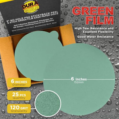 Dura-Gold Premium 6" Green Film PSA Sanding Discs - 120 Grit (Box of 25) - size: Single - 120-Grit