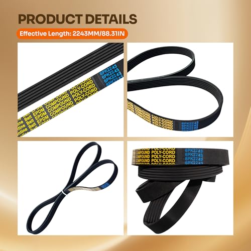 6PK2243 Serpentine Drive Belt for Chevy, Dodge, Ford, Toyota, Jeep - size: 6PK2243-2243mm