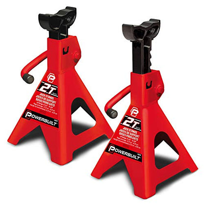 Powerbuilt 2 Ton Ratchet Jack Stand Pair, 4000 Pound 2-Piece Heavy Duty Steel Stands, Wide Angle Stability, Adjustable Height - Red 640399 - size: 2 Ton