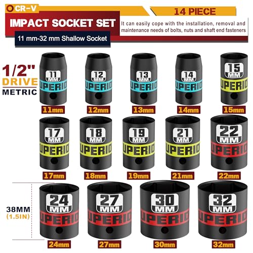 14 Piece 1/2" Drive Impact Socket Set, 11 mm-32 mm Shallow Socket, Metric, 6 Point, CR-V, Automotive Maintenance, Machinery Manufacturing - size: 1/2" Shallow Metric