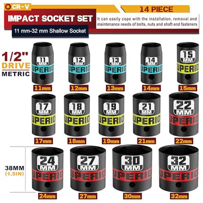 14 Piece 1/2" Drive Impact Socket Set, 11 mm-32 mm Shallow Socket, Metric, 6 Point, CR-V, Automotive Maintenance, Machinery Manufacturing - size: 1/2" Shallow Metric
