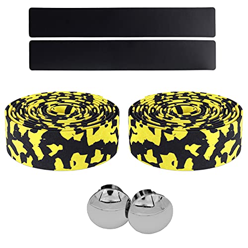 KINGOU Black & Yellow Camouflage EVA Road Bike Handlebar Tape with Bar Plugs - 2PCS Per Set - color: black&yellow