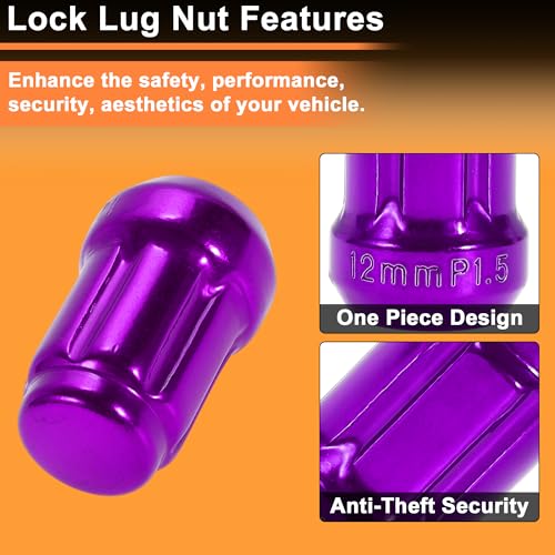 M12x1.5 Wheel Locking Nut with 1 Socket Key for Honda for Toyota Anti-Theft Tyre Tire Lock Nuts Removal Tool Purple 1 Set - color: Purple