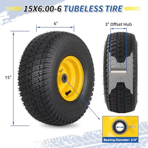 GICOOL (2 Pack) 15x6.00-6 Tubeless Tire and Wheel, 3" Offset Hub, 3/4" Bearing, 4 Ply, 15x6-6 Replacement Riding Lawn Mower Front Tires, Compatible with 100 and 300 Series John Deere Riding Mowers - size: 15x6.00-6 Tubeless