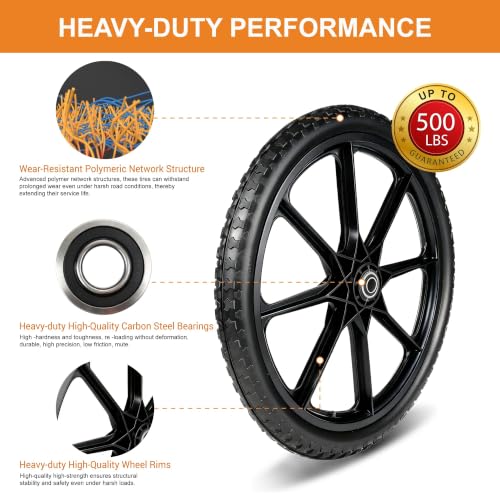 20 Inch Flat Free Wheelbarrow Wheels & Tires, Garden Cart & Wagon, 2-Pack
