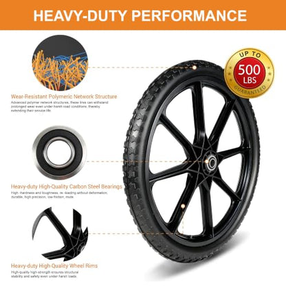 20 Inch Flat Free Wheelbarrow Wheels & Tires, Garden Cart & Wagon, 2-Pack