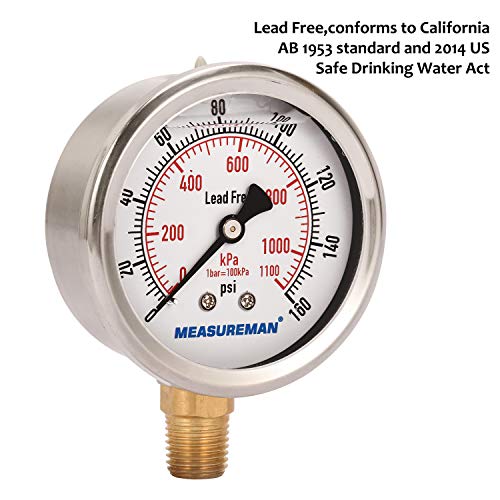 MEASUREMAN Lead-Free Pressure Gauge, 2-1/2inch Dial, Glycerin Filled, 0-160psi/kpa, Stainless Steel Case, 1/4inchNPT Lower Mount - size: 0-160 psi, style: Lower Mount(Lead-Free)