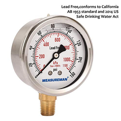 MEASUREMAN Lead-Free Pressure Gauge, 2-1/2inch Dial, Glycerin Filled, 0-160psi/kpa, Stainless Steel Case, 1/4inchNPT Lower Mount - size: 0-160 psi, style: Lower Mount(Lead-Free)