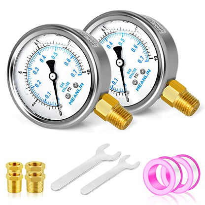 MEANLIN MEASURE 0~10Psi Stainless Steel 1/4" NPT 2.5" FACE DIAL,Liquid Filled Pressure Gauge,WOG Water Oil Air Lower Mount (Pack of 2), with 1/2" NPT and 3/8" NPT Hex Bushing - size: 0-10Psi (2Pcs)