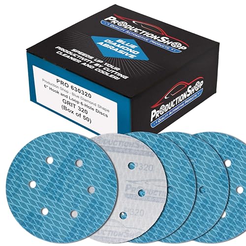 ProductionShop Premium 320 Grit 6" Rhombus Diamond Shape Blue Sanding Discs, 6-Hole, Box of 50 - Hook & Loop Anti-Clogging J-Cloth Dustless Sandpaper for Random Orbital Sanders, Sand Auto Paint, Wood - style: 320 Grit