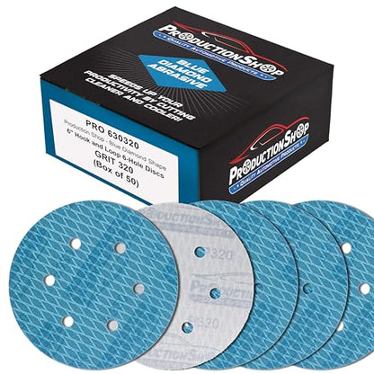 ProductionShop Premium 320 Grit 6" Rhombus Diamond Shape Blue Sanding Discs, 6-Hole, Box of 50 - Hook & Loop Anti-Clogging J-Cloth Dustless Sandpaper for Random Orbital Sanders, Sand Auto Paint, Wood - style: 320 Grit