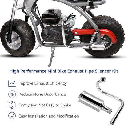 Left Long Exhaust Pipe Muffler Compatible with Predator 212cc 196cc Coleman CT200U RB200 Baja MB200 RT200 Mini Bike 6.5HP GX160 GX200 Performance Parts with Heat Shield Tape Main Jet Kit - color: Silver