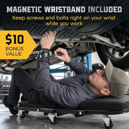 Creepers Automotive Mechanic Creeper Seat & Under Car Roller, 300lb Heavy Duty Foldable Garage Creeper with 360° Swivel Wheels, Magnetic Wristband, Low Profile Black Car Creeper for Mechanics - color: Black