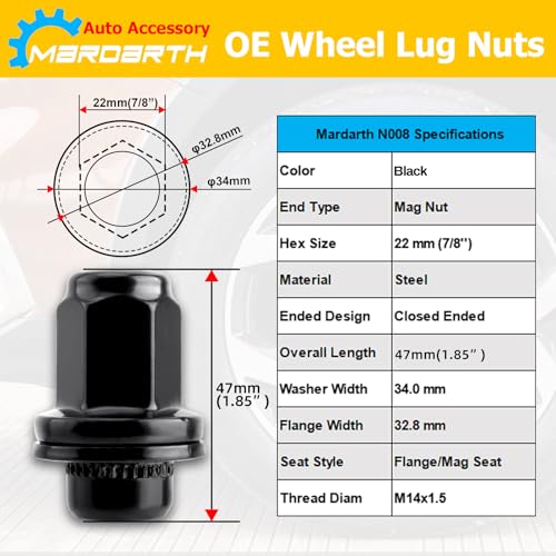 14x1.5mm OEM Style Factory 1.85 Inch 7/8 22mm Hex Mag Washer Lug Nuts,20PCS - color: Black, size: M14x1.5