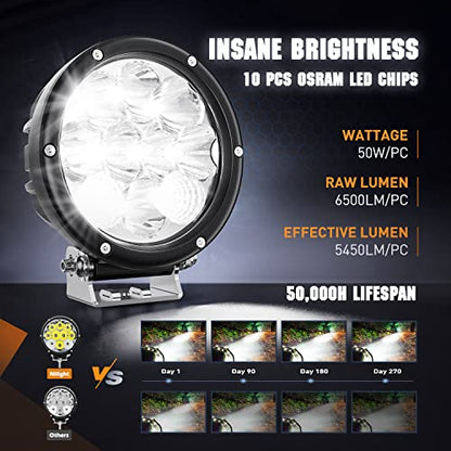 Nilight Pro Series 5.7 Inch Round LED Driving Offroad Light 50W 6500LM - color: 2Pcs 50W 5.7Inch LED Light Kit-White