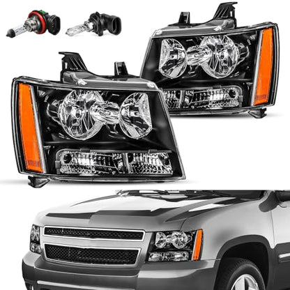 JSBOYAT Headlight with Bulbs Fit 2007-2014 Chevy Tahoe Suburban Avalanche - color: Black Housing with Amber Reflector, size: w/ 9005&H11 Bulbs